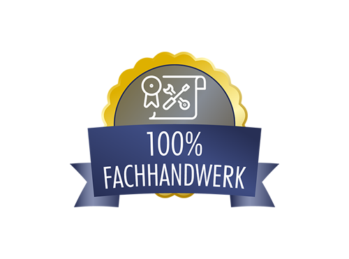 100% Fachhandwerk Abzeichen mit goldener Umrandung, Symbol für Handwerk und Text „100% FACHHANDWERK“ auf blauem Banner.