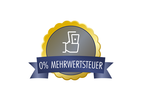 0% Mehrwertsteuer Abzeichen mit Solaranlagen-Symbol und Schriftzug „0% Mehrwertsteuer“ auf blauem Banner, goldener Rand.
